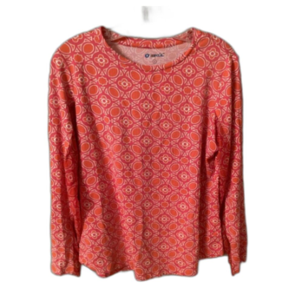 IBKUL SIZE LARGE ORANGE PINK GEOMETRIC PRINT LONG SLEEVE CREW NECK PULLOVER TOP
